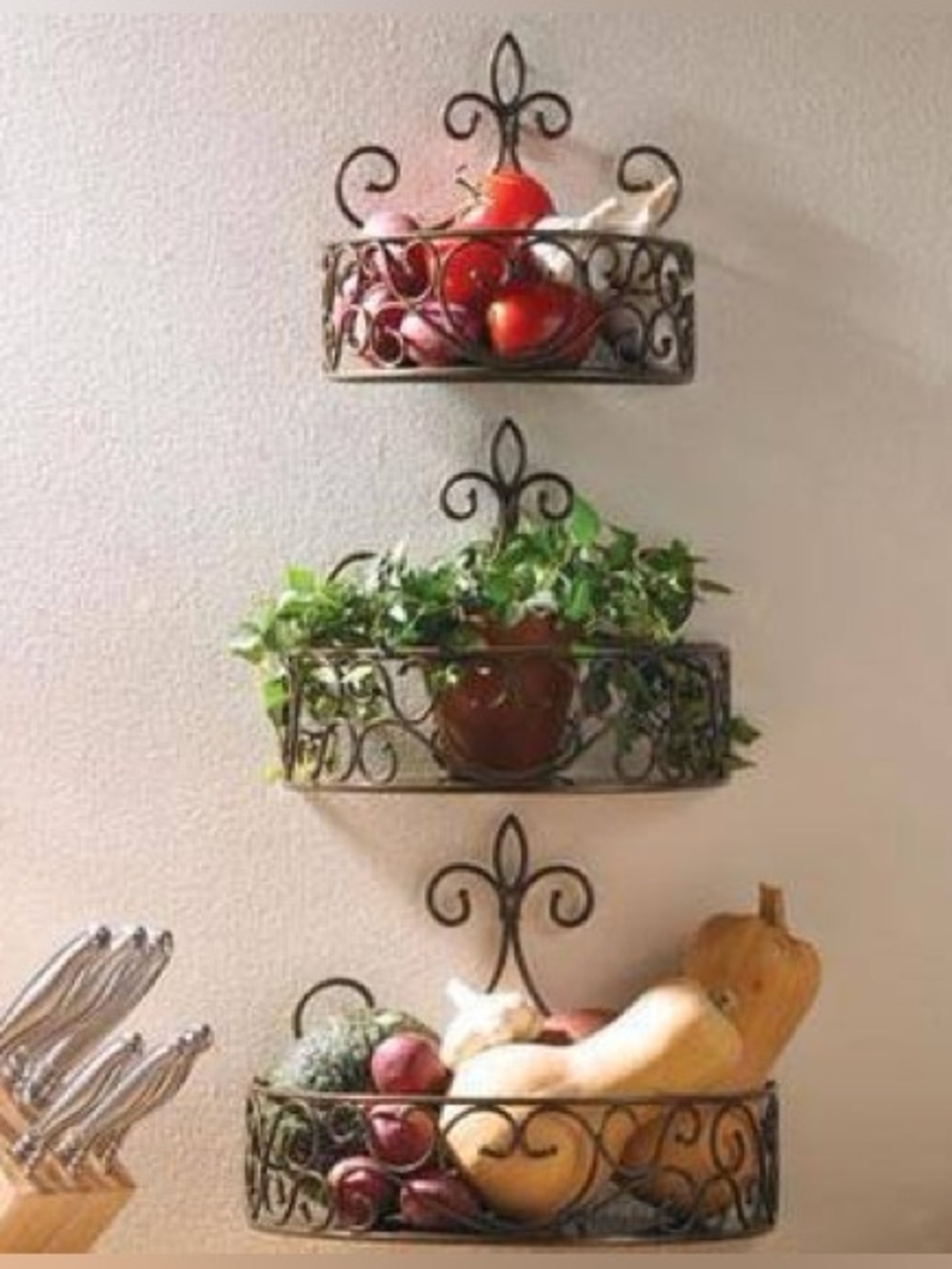 Princess House Meridian Collection Decorative Iron 3-Tier Wall Basket Shelves